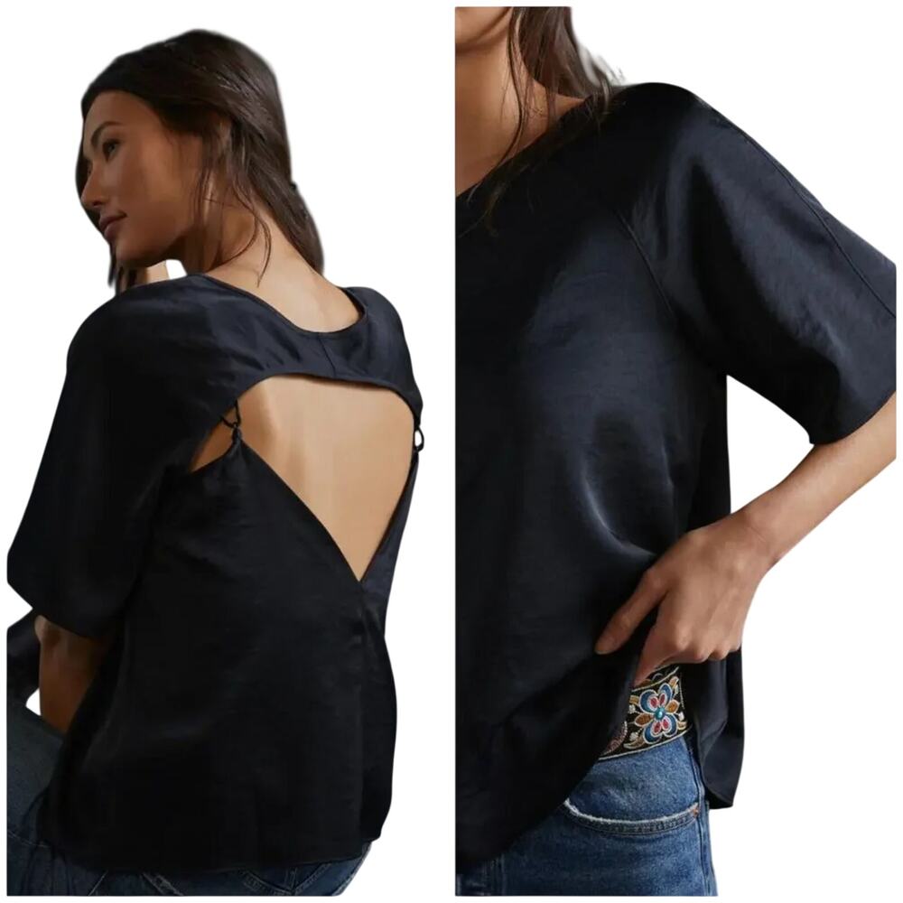 Anthropologie Daily Practice Open Back Tee Sleek Satin Top Black Size Small